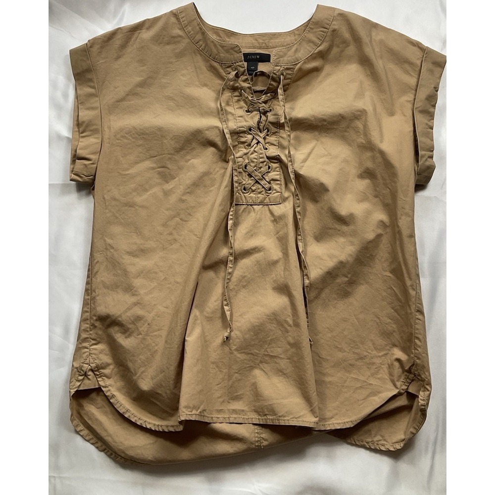 J.Crew Size 4P Petites Women's  lace up cuffed sleeve tan blouse 65
